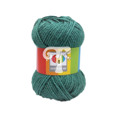 Novelo de lã verde com etiqueta colorida e texto 'mittons' em fundo branco