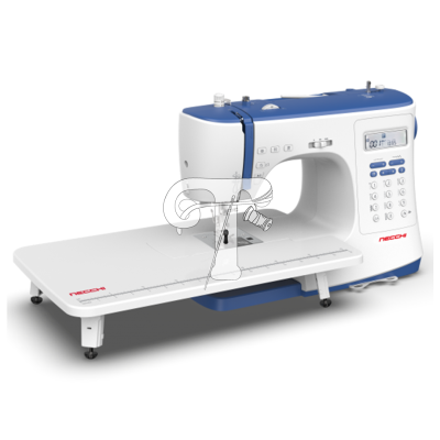Máquina de costura branca e azul NECH com visor digital e mesa de extensão branca