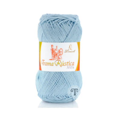 Novelo de fio de algodão azul claro com etiqueta Trama Rústica 500/4.