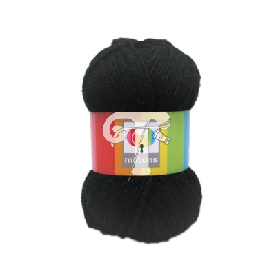 Novelo de lã preta com etiqueta colorida 'mybons' e imagem de novelo com agulhas