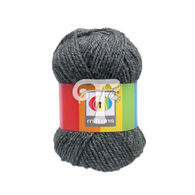 Novelo de lã cinzenta escura com etiqueta colorida e texto miltons