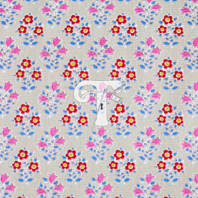 tecido bege com padrão floral colorido