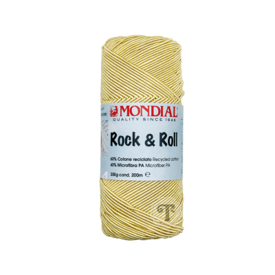 Rolo de fio amarelo claro e branco Mondial Rock & Roll com etiqueta azul