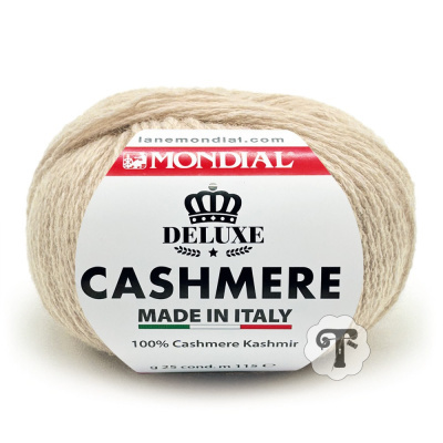 Novelo de lã bege claro com etiqueta Mondial Deluxe Cashmere feita em Itália