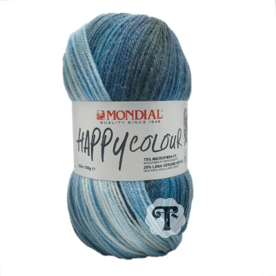 Novelo de lã azul, branco e cinzento com etiqueta MONDIAL Happy Colour