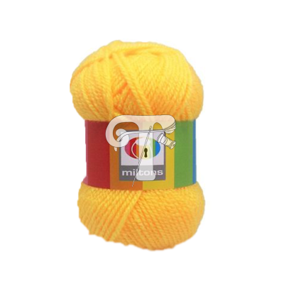 Bola de lã amarela com rótulo colorido e texto mittons