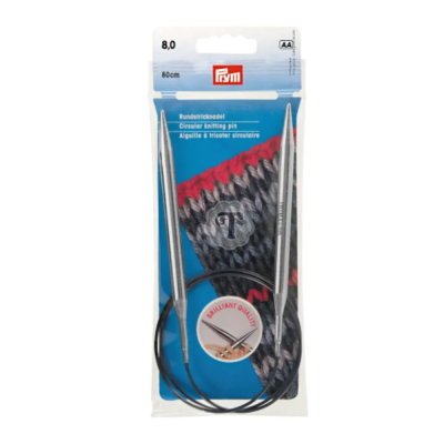 Agulhas de tricô circulares Prym 8,0 mm/80 cm em embalagem azul com malha