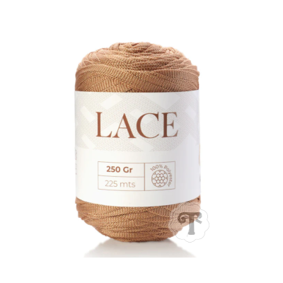Novelo de fio castanho com etiqueta branca e texto LACE, 250 Gr, 225 mts, 100% Poliéster