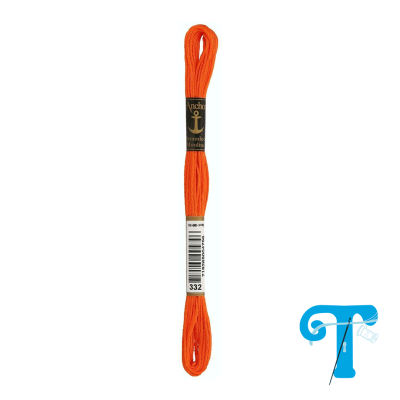 Skein of orange embroidery thread with labels on white background