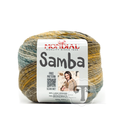 Novelo de lã multicolorido Mondial Samba com rótulo branco e detalhes coloridos.