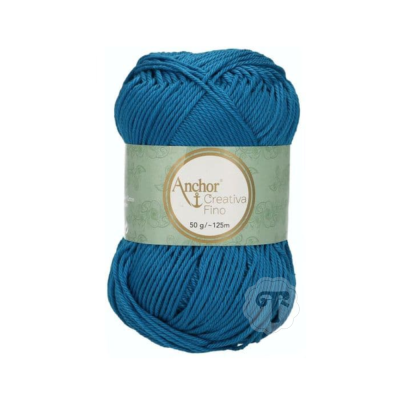 Novelo de fio azul Anchor Creativa Fino com etiqueta verde clara e texto