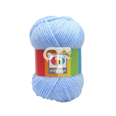 Novelo de lã azul clara com etiqueta colorida da marca Miltons