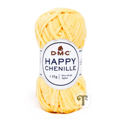 Novelo de lã chenille amarelo claro com etiqueta branca DMC HAPPY CHENILLE