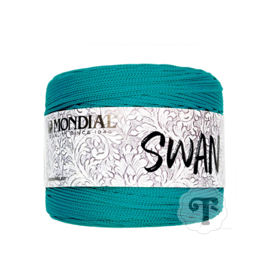 Rolo de fio turquesa com etiqueta branca e texto MONDIAL SWAN