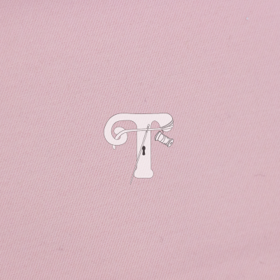 Tecido rosa claro com letra T e agulha de costura impressas.