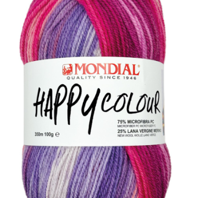Novelo de fio multicolorido com etiqueta MONDIAL HAPPY COLOUR