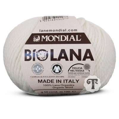 Novelo de lã branca orgânica da marca Mondial com etiqueta