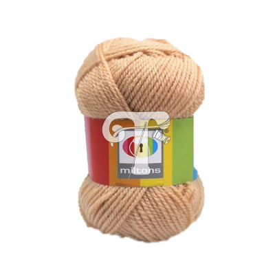 Novelo de lã bege com etiqueta colorida e texto miltons