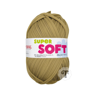 Novelo de fio Super Soft cor cáqui com etiqueta branca e texto colorido.