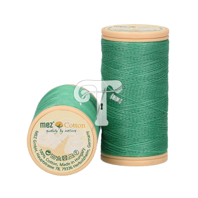 Dois carretéis de linha de algodão verde com etiquetas e base bege