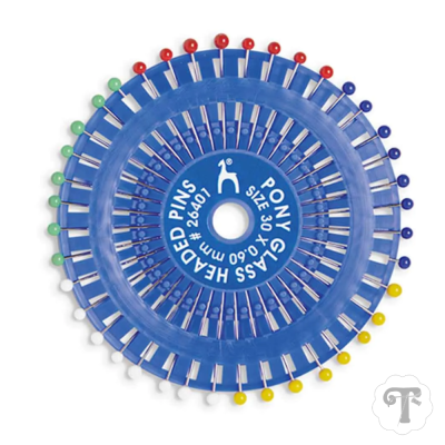 Conjunto circular de alfinetes coloridos em embalagem azul com texto no centro