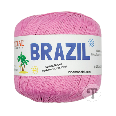 Novelo de fio rosa de microfibra com rótulo BRAZIL
