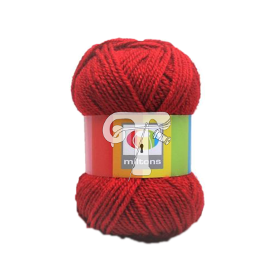 Novelo de lã vermelho com etiqueta colorida e logótipo miltons