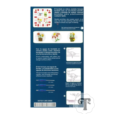 Embalagem azul de kit de bordado em relevo com texto e imagens de flores bordadas