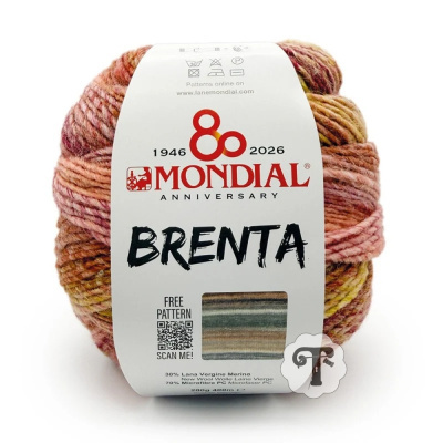 Novelo de lã multicolorida Brenta da Mondial com embalagem branca e texto