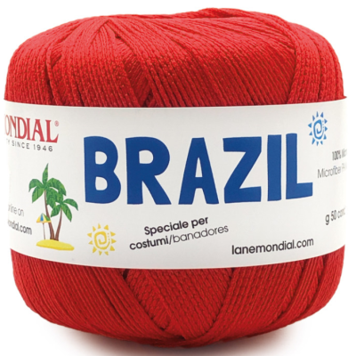 Rolo de fio têxtil vermelho com etiqueta branca com texto e ilustração
