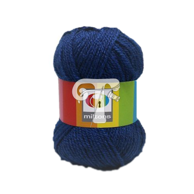 Novelo de lã azul escuro com embalagem colorida e etiqueta mitrons