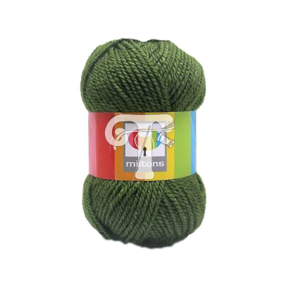 Novelo de lã verde escura com etiqueta colorida e texto mittons