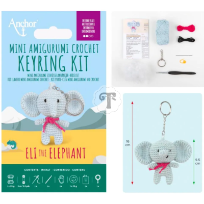 Kit de croche Anchor para chaveiro elefante Eli com linha azul, agulha e acessórios