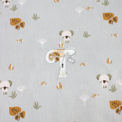 tecido cinza claro com padrão de caveiras e folhas coloridas