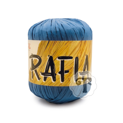 Bobina de ráfia azul com rótulo amarelo que diz 'RAFIA'