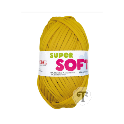Novelo de fio amarelo mostarda com etiqueta branca e texto SUPER SOFT.
