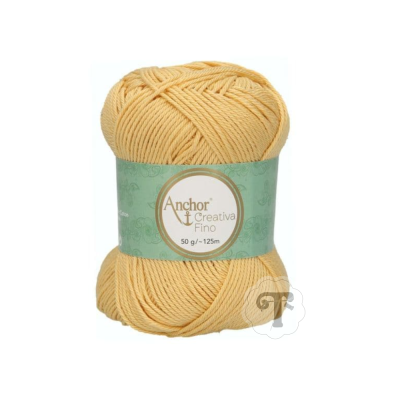 Novelo de lã amarelo claro da marca Anchor Creativa Fino com etiqueta verde.