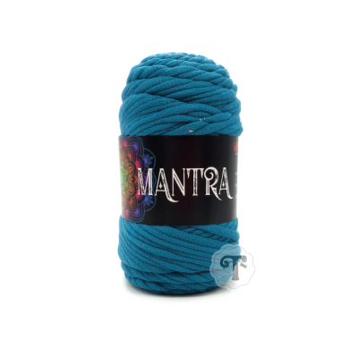 Rolo de fio azul com rótulo MANTRA e padrão mandala colorido