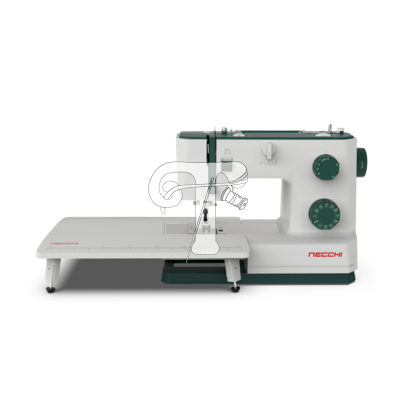 Máquina de costura Necchi branca com detalhes verdes e mesa de extensão