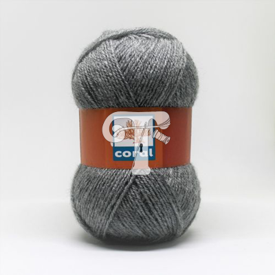 Novelo de lã cinzenta escura com etiqueta castanha e azul