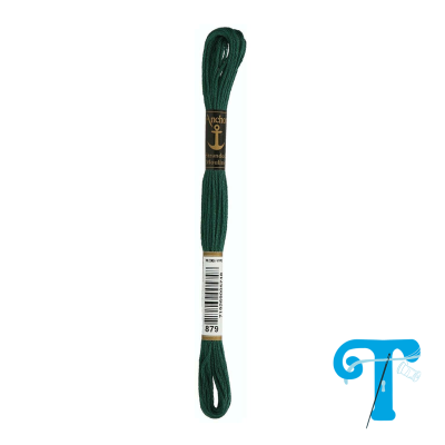 Skeín de linha para bordar verde escuro com etiqueta preta e código de barras