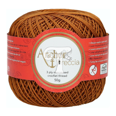 Novelo de linha de crochet castanha alaranjada com rótulo vermelho e branco Anchor Freccia
