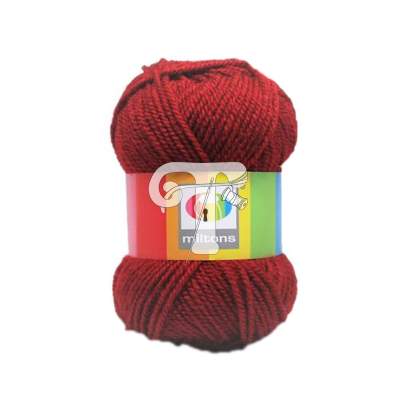 Novelo de lã vermelha com etiqueta colorida da marca miltons