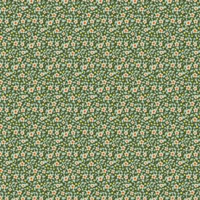tecido pequeno padrão floral em verde escuro, branco e laranja