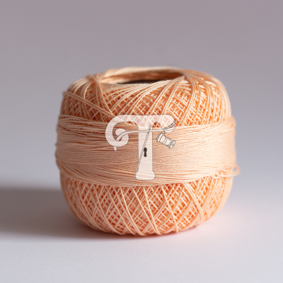 Novelo de fio cor de pêssego claro com textura entrelaçada sobre superfície branca