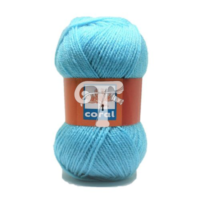 Novelo de lã azul clara com etiqueta castanha e texto 