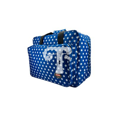 Mala de viagem azul com bolinhas brancas e alças pretas