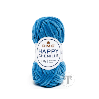 Novelo de fio chenilla azul Happy Chenille DMC com rótulo branco