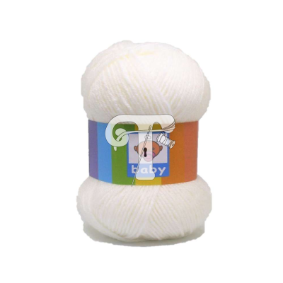 Novelo de lã branco com rótulo colorido e texto baby