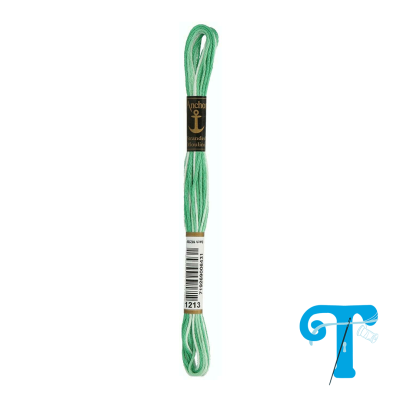 Linha para bordar Anchor verde claro com etiqueta preta e código de barras